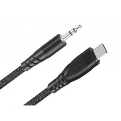 Kabel USB Type-C / Mini Jack 3.5mm 1m płaski czarny z oplotem